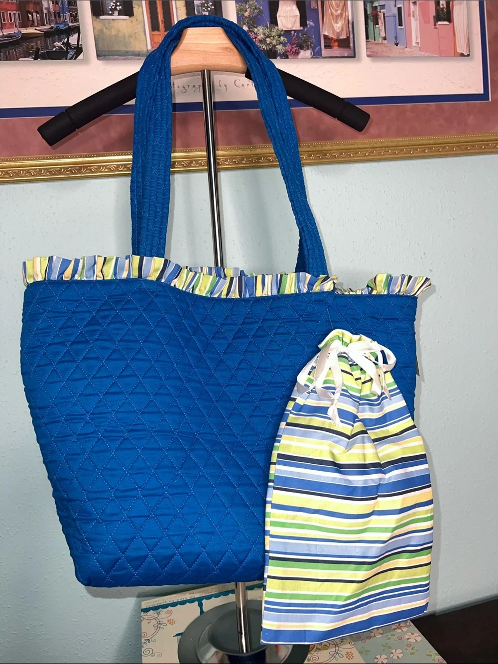 Coldwater Creek Blue Quilted Tote with Striped Drawstring Pouch - Picture 7 of 7